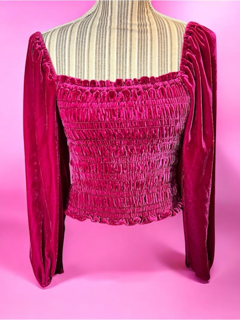 Anthropologie  Smocked Velvet Long-Sleeve Top - Fuchsia